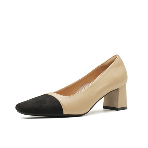 Women's Leather Slip On Two Tone Chunky Block Heel Pumps Close Square Toe Comfortable Dressy Shoes for Office Work Party Daily Wedding