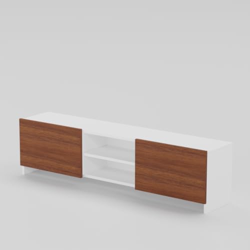 Image of Modern Living Room TV Stand with Open Display Compartment, Dual Side Storage Units, and Clean Contemporary Design for Home Decor | Assembly-DIY | Color-White & Cherry Pine