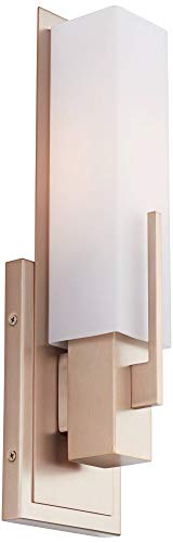 Image of Possini Euro Design Midtown Modern Wall Sconce Lighting Burnished Brass Hardwired 15 inch High Fixture Rectangular White Glass for Bedroom Bathroom Bedside Living Room Home Hallway Dining Kitchen