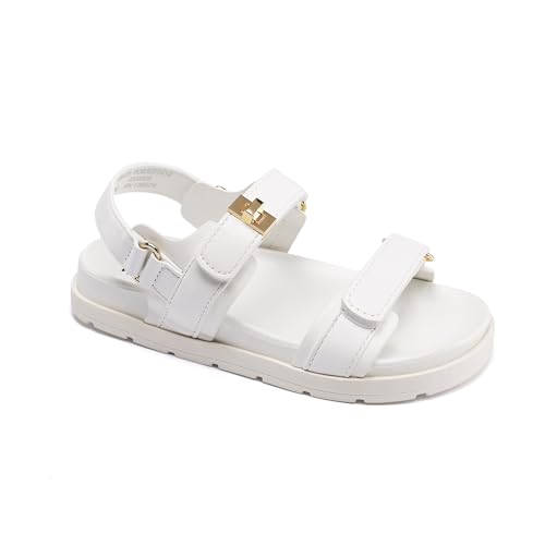 Image of FabKids Girl's Flat Sandals Comfort Adjustable Double Strap Slip on Leather Footbed Sandals for Toddler Little Kid Big Kid