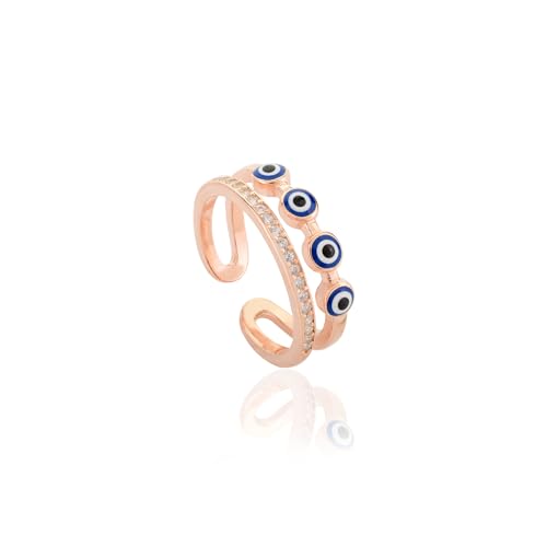 Image of American Diamond Evil Eye Open Ring for Women, Adjustable Blue Double Band Ring, Gift for Her