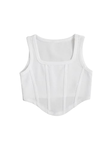 OYOANGLE Girl's Textured Sleeveless Square Neck Asymmetrical Hem Crop Tank Tops