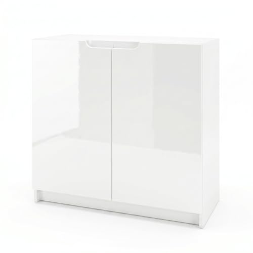 Vladon Buffet Logan, Commode avec 2 Portes, Blanc Mat/Blanc Haute Brillance (82 x 78 x 37 cm)