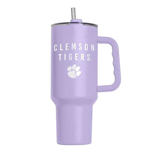 Image of Logo Brands NCAA Clemson Tigers Lavender 40 oz Tumbler with Handle - Stylish Everyday Use Powder Coated-Stainless Steel with Straw- Keeps Cold For Hours
