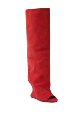 Atuelang Women's Slouchy Suede Knee High Boots Open Toe Pull On Tall Inverted Wedge Heel Boots2