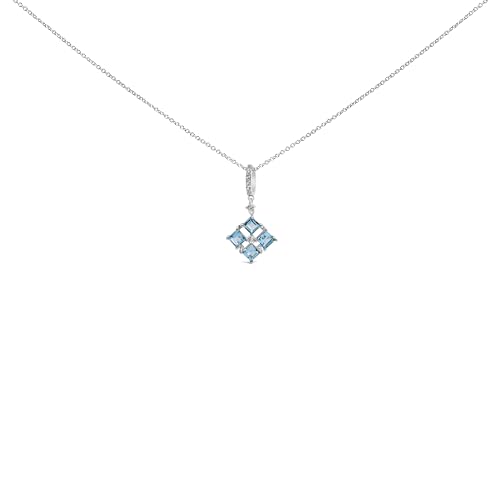 Sterling Silver Blue Topaz and White Sapphire Square Motif Pendant Necklace 18 Inch