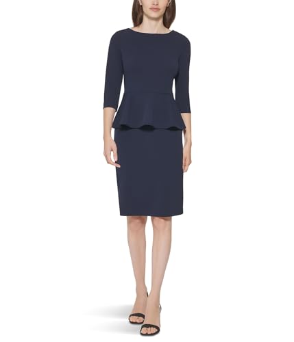 Image of Calvin Klein Women's 3 /4 Sleeve Crepe Knee Length Peplum Sheath Dress