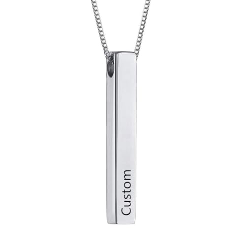 Sterling Silver Personalized 4 Sided Vertical 3D Engraved Bar Pendant Necklace Meaningful Gift For Mom,Women
