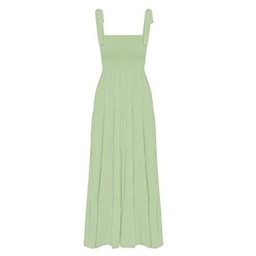 Image of kinstell Women's Summer Boho Spaghetti Strap Square Neck Ruffle Casual Flowy Long Dress Beach Swing Party Maxi Dress