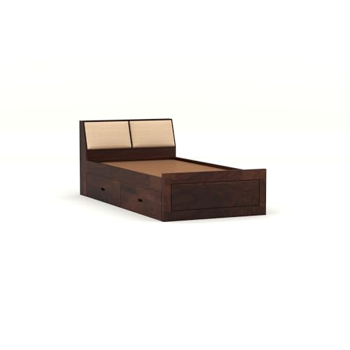 Image of Solid Sheesham Wood Single Size Bed with 2 Drawer Storage Wooden Single Cot Bed for Home Living Room Bedroom Guest Room Hotel (Walnut, Size 6 * 4)