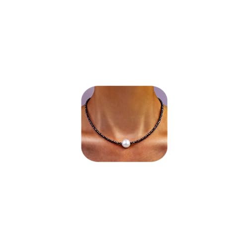 Dainty Single Pearl Pendant Necklaces for Women Trendy,Womens Black Stone Beaded Choker Necklace,Delicate Round Freshwater Pearl Necklace Jewelry Gift for Women