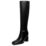 Athlefit Black Knee High Boots Women Chunky Heel Square Toe Tall Boots Womens High Heel Side Zipper Fall Leather Boots