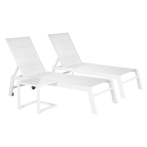 Happy Garden Set 2 Bains de Soleil Barbados en textilène et Aluminium Blanc + Table d'appoint. Transat d'extérieur Multi Position.