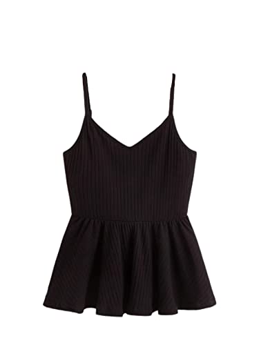 Romwe Girl's Ribbed Knit V Neck Spaghetti Strap Sleeveless Ruffle Hem Cami Top Black 12-13Y #TOP29