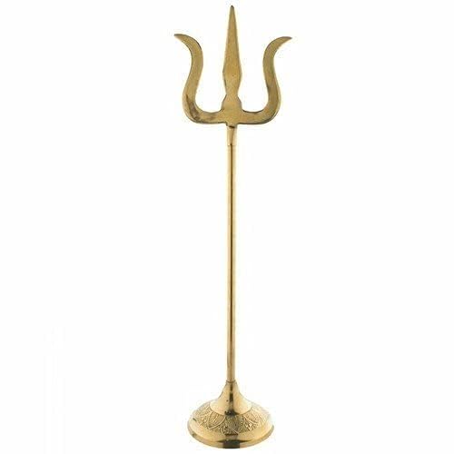 Benares Souvenirs Brass Shiva's Trishul Mahadev Durga Astra Trident Trisulam Soolam Damru with Stand for Temple - Made in India (Rund Base 4inch), Gold