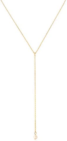 SEAYII Women Y Necklace Gold Freshwater 1 Pearl Drop Pendant Lariat Y Shaped 14K Gold Fill Dainty Gold Y Chain Simple Layering Delicate Handmade Gold Jewelry Gift