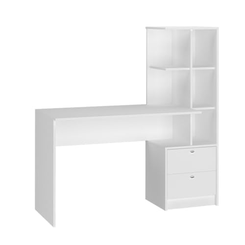 Vicco Dining table Denton, White, 136 x 55 cm with 2 drawers, with open storage compartments for flexible organization