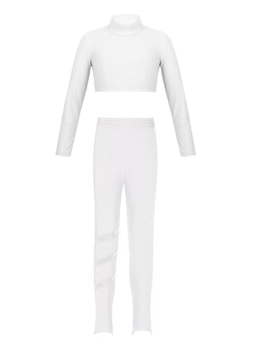 Children Girls Piece Gymnastic Ballet Outfit Long Sleeve Mock Neck Crop Top With Rhinestones Leggings Set