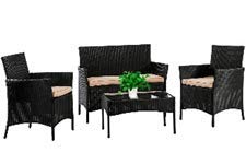 Image of Carry Bird 4 Piece PE Wicker Rattan Outdoor Furniture | 4 Seater Balcony Sofa With Tea Table | Set of 2+1+1 Outdoor Patio Chairs with Coffee Table | Sofa Sets & Center Table for Home & Garden | 3 Piece Patio Stools with Table | Indoor Patio Furniture Set Space Saving | Rattan Chair | Patio Set | Wicker Conversation Set | Poolside Lawn Arm Chairs Set For Balcony & Terrace | Balcony Table chair Set | Hotel Patio Seating Chair & Table Set with Glass | Ivory Cushion and Dark Grey Sofa