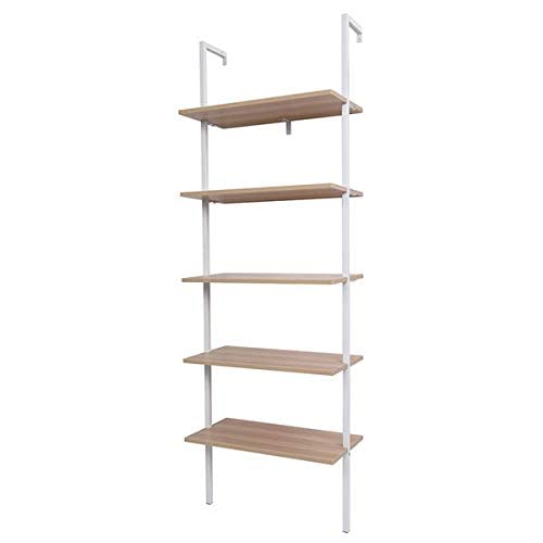 Nathan James Theo 5-Shelf Wood Modern Bookcase, Open Wall Mount Ladder Bookshelf with Industrial Metal Frame, Light Brown Oak/White