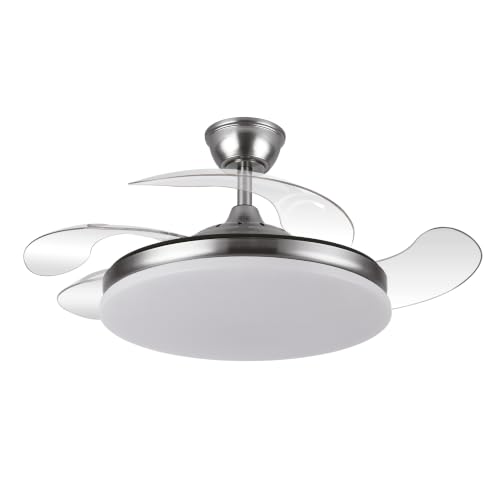 YATEK Ventilador de Techo con Luz LED KALA color Níquel, Aspas Retráctiles 107 cm, Motor DC Silencioso, 6 Velocidades, Mando a Distancia, Función Verano Invierno para Dormitorio y Salón
