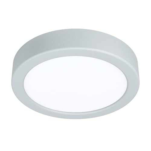 Eglo LED Plafonnier Idun, lampe de plafond ronde, luminaire en saillie en métal argenté et plastique blanc, éclairage pour bureau et cuisine, blanc neutre,...
