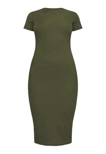 Image of Women's Crew Neck Short Sleeve Slim Fit Ribbed T Shirt Casual Midi Bodycon Dress