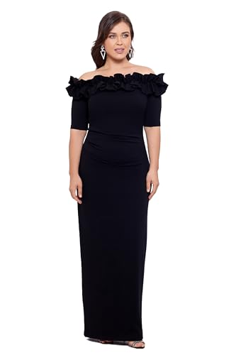 Xscape Women's Plus Size Long Off The Shoulder Ruffle Scuba Crepe Dress