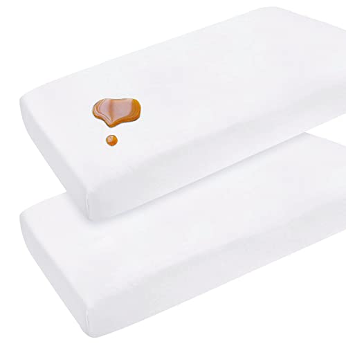 Image of Pack and Play Sheets Waterproof, 2 Pack Cotton Mini Crib Sheets 38"x 25", Compatible with Graco Pack n Play, Dream on Me, Delta Portable Crib and Arms Reach Ideal Cosleeper, Baby Girl Boy, White