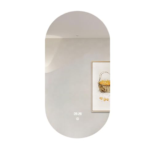 Zlthraustic Espejo de baño LED Ovalado Inteligente con antivaho, Espejo de tocador de Pared Regulable con luz de 3 Colores, Pantalla de Tiempo, a Prueba de explosiones, 50x80 cm