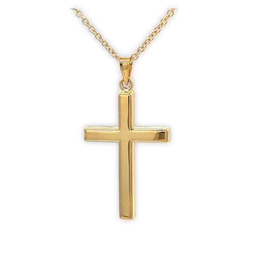 14K Gold Reversible Plain Cross Pendant Necklace, Handcrafted in USA 14K Gold Fine Religious Jewelry Gift (S, 14KY Cross + 16-18" 14KY Chain, Yellow Gold)