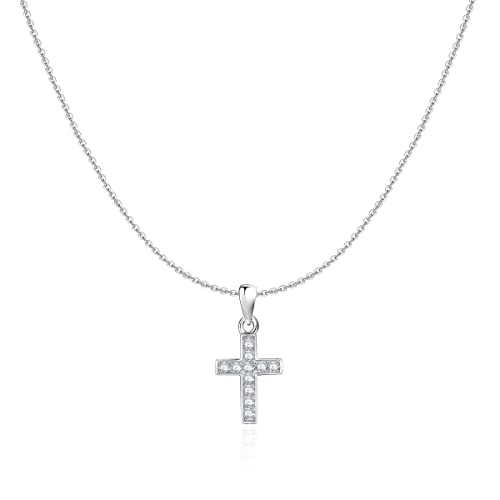 Colgante de mujer original con una fina cruz, adornada con circonitas brillantes. Cadena de plata para mujer, niña ideal para regalo del día de la madre, cumpleaños, aniversario. Joyeria mujeres