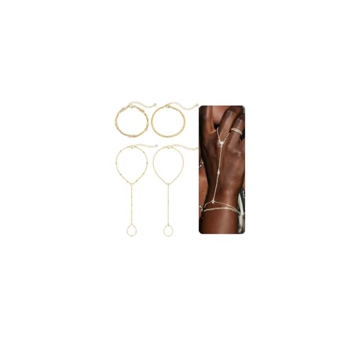 4PCS 14K Gold Plated Hand Chain Bracelet for Women, Dainty Stackable Ring Bracelet Set with Cubic Zirconia, Adjustable Hand Jewelry for Beach, Summer Vacation, Elegant Gift for Women - image 1