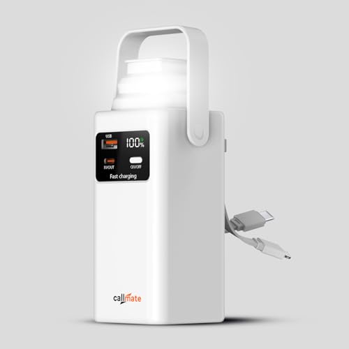 Image of CALLMATE Tripmate 20000mAh 23W Fast Charging Power Bank, USB-C PD + USB-A QC Output with Detachable Type-C & Lightn-ing Cable (LED Foldable Light with Digital Display)(Off-White)