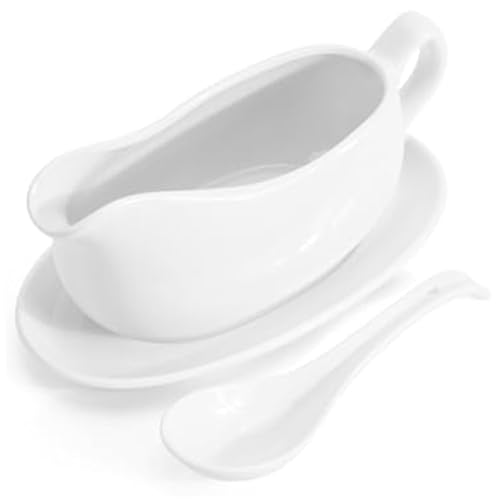 Salsera con platillo de cerámica de 200 ml, juego de salsera con cuchara profunda y bandeja, vajilla con pico antigoteo para salsas, aderezos para ensaladas, Acción de Gracias