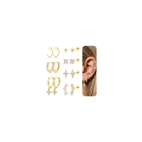 JeweBella 7 Pares Piercing Oreja Acero Quirurgico Inoxidable Piercing Tragus Helix Conch Cartílago Roscado Interno Piercings CZ Pendientes Hipoalergenicos Mujer Oro/Plata