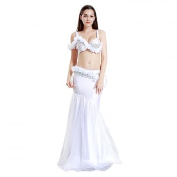 ONUYGCFH Belly Dance Backless Crop Top Mermaid Tulle Maxi Skirt for Women Folkloric Cabaret Dance Performance Outfit,White,L
