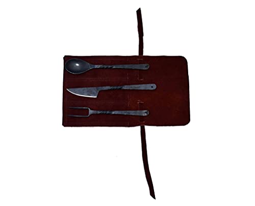 Viking Traders Hand-Forged Blacksmith Medieval Dining Hall Eating/Feasting Utensils Set Of 3 Piece Functional Fork Knife And Spoon Medieval Eating Set, With Genuine Leather Pouch For Easy Carrying. #TOP1