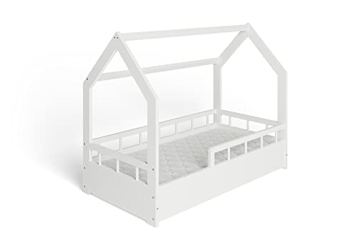 ms factory Hausbett mit Matratze Kinderbett 70x140 cm mit Rausfallschutz und Lattenrost - Einzelbett aus Kiefernholz für Mädchen und Junge - Weiß