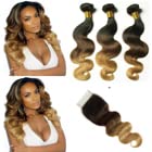 Brazilian Body Wave 3 Bundles and Closure Unprocessed 10A Virgin Human Hair Weave 100g/pc with Top Lace Closure 4x4 Wet and Wavy Hair Extensions (16 18 20 + 14 Inch, Black | Burg)