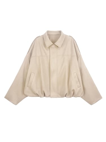 Skoinvb Womens Bomber Jacket Faux Suede Casual Cropped Pilot Coat Lapel Collar Causal Oversized Trendy Outwear Apricot S