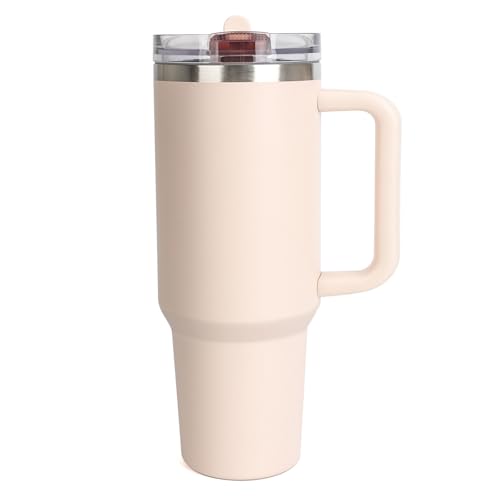 BELYQLY 40 oz Flip Straw Tumbler with Leakproof Lid, Built-In Straw & Handle, Insulated Stainless Steel Cup (Quartz, 40 oz)