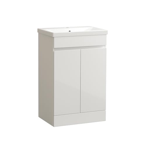 Image of The Home Store 500mm Gloss White Waterproof Vanity Unit with Basin - 2-Door Handless Cabinet Slotted Basin Internal Storage Shelf