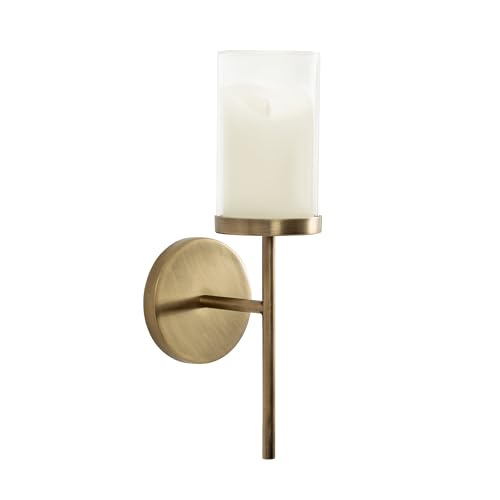Kate and Laurel Blaise Transitional Metal Wall Sconce; 5 x 6 x 14; Antique Brass; Modern Round Candle Holder with Removable Glass Cylinder for Flameless Candles
