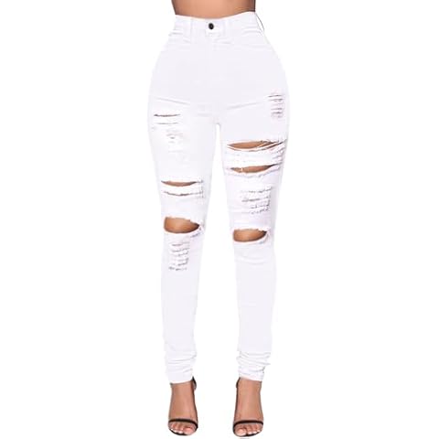 LONGBIDA Skinny Ripped Jeans for Women High Waisted Stretch Butt Lifting Jeans Slim Fit Distressed Denim Pants Pull On Jeggings Jeans(White,XXL) Cover
