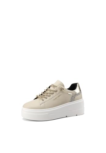 QUEEN HELENA Turnschuhe mit glitzernden Schnürsenkeln, Plateau-Sneakers für Damen, X31-13, beige, 39 EU