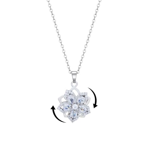 KONPJE Necklace for Women Gold Flower Fidget Necklace Rotatable Crystal Silver Blossom Pendant Necklaces Adjustable Spinning Fidget Necklaces Redbud Flower Choker Funny Gift Jewelry(silver white)