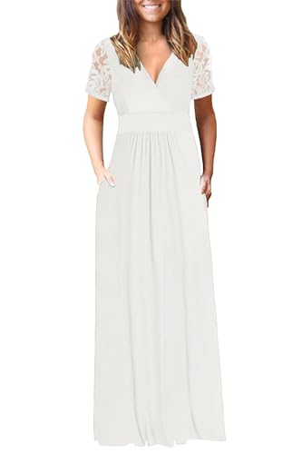 Image of AUSELILY Maxi Dresses for Women 2026 Lace Short Sleeve V Neck Wrap Long Dress with Pockets
