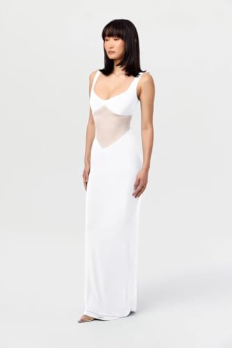 Image of Memoriesea Women's Sexy V Neck Sleeveless Hourglass Mesh Bodycon Evening Party Maxi Dress White