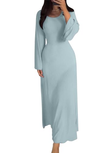 shownicer Strickkleid Damen Lang Rundhals Geripptes Pulloverkleid Langarm Sweater Tunika Einfarbig Herbst Winterkleid Warme Strick Sweater Kleid A...